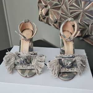 Green and Tan Fringe Sandals with Ankle Straps